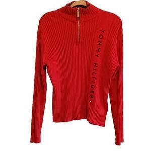 Tommy Hilfiger Spell Out  Red Ribbed Knit‎ Quarter Zip Sweater Women's XL